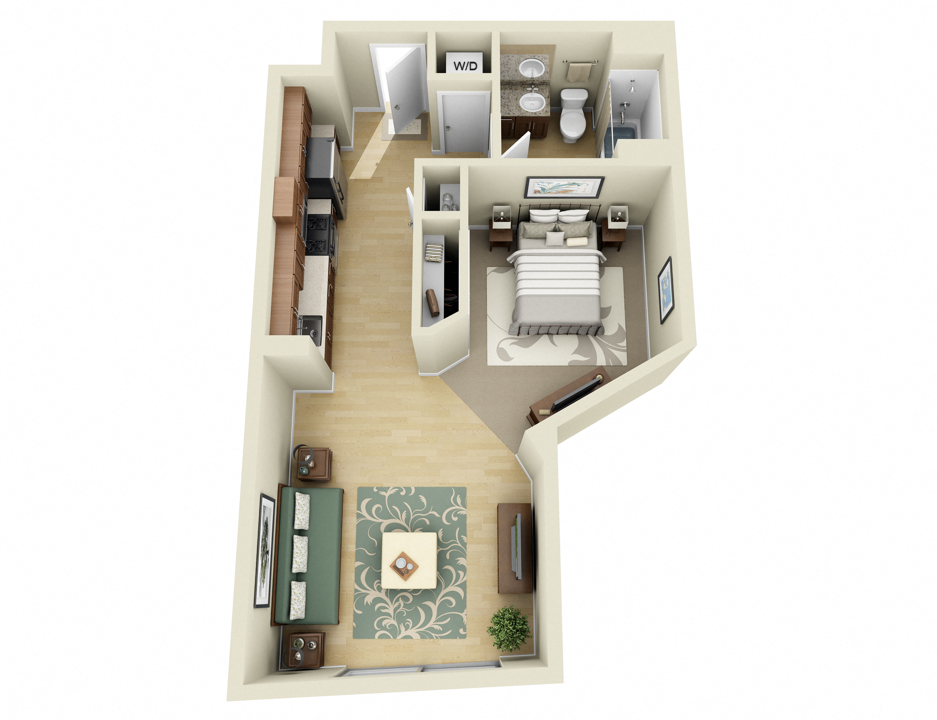 Floor plan for studio, 1 bath, 747 sqft